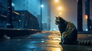 חתול ברחוב בלילה