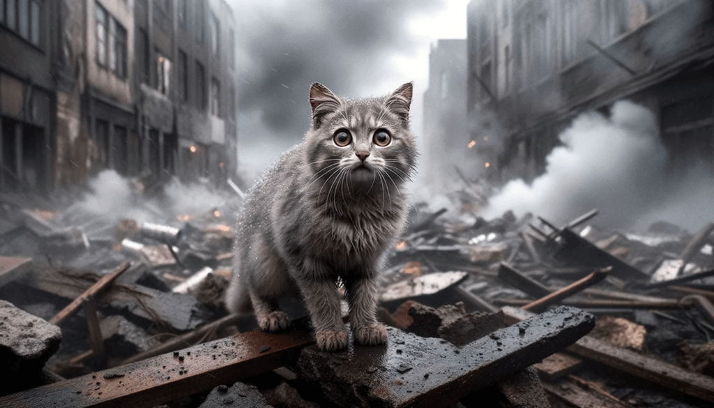חתול עומד בגשם ומאחוריו הריסות המלחמה