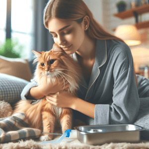 אישה מטפלת בחתול שלה בבית