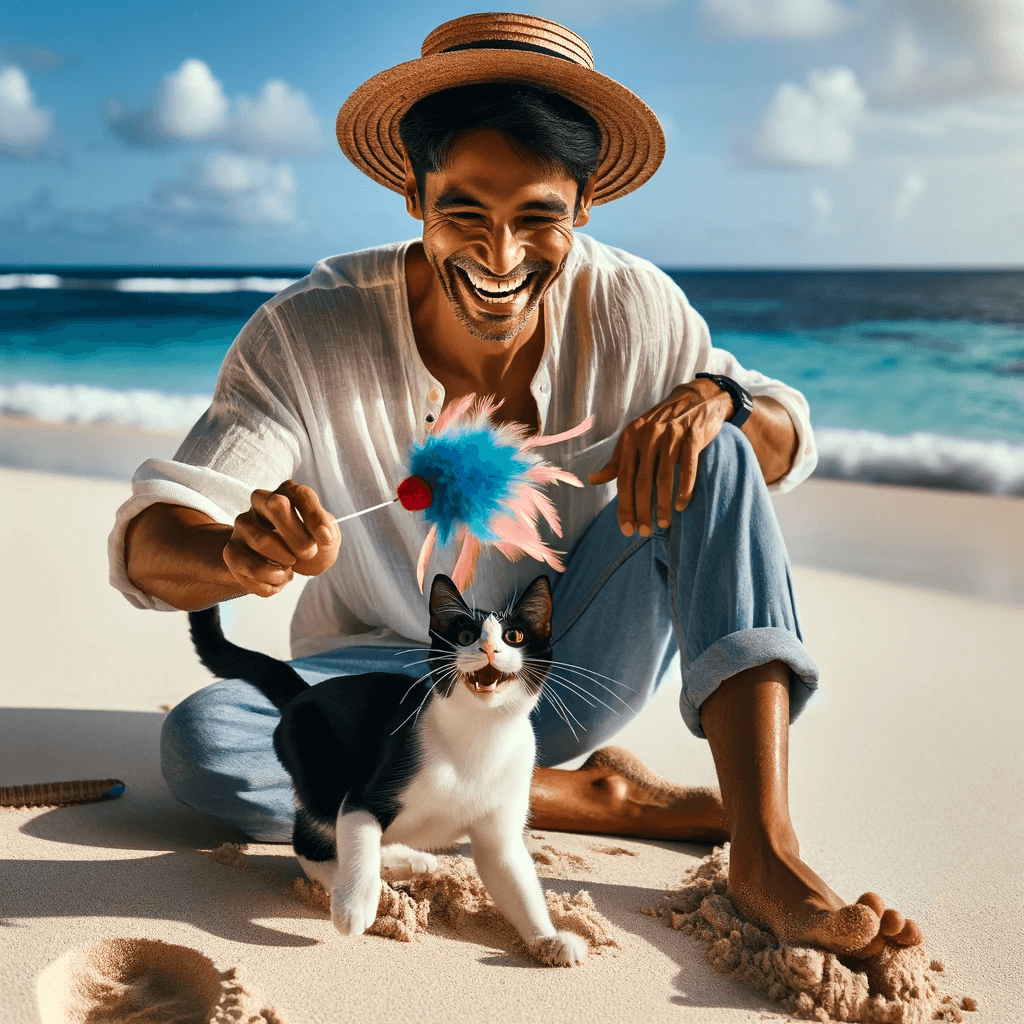 גבר משחק עם חתול בחוף הים