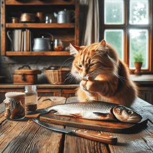 חתול ג'ינג'י מלקק את שפתיו בזמן שהוא אוכל דגים טריים על השולחן