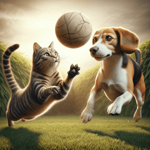 חתול וכלב מנסים לתפוס את הכדור