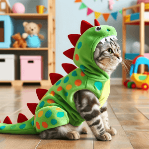 חתול לבוש בפיג'מת דינוזאור