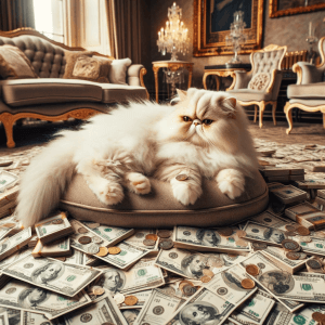 חתול לבן פרסי שוכב בנוחות על ערמה גדולה של כסף