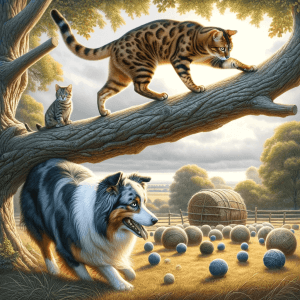חתול מטפס על עץ והכלב מתחת מחפש כדור