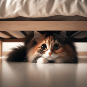 חתול מתחבא מתחת למיטה