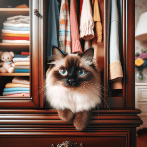 חתול סיאמי מתחבא בארון