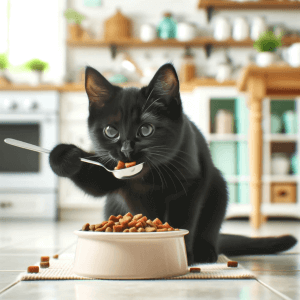 חתול שחור וחמוד אוכל מקערת אוכל לחתולים