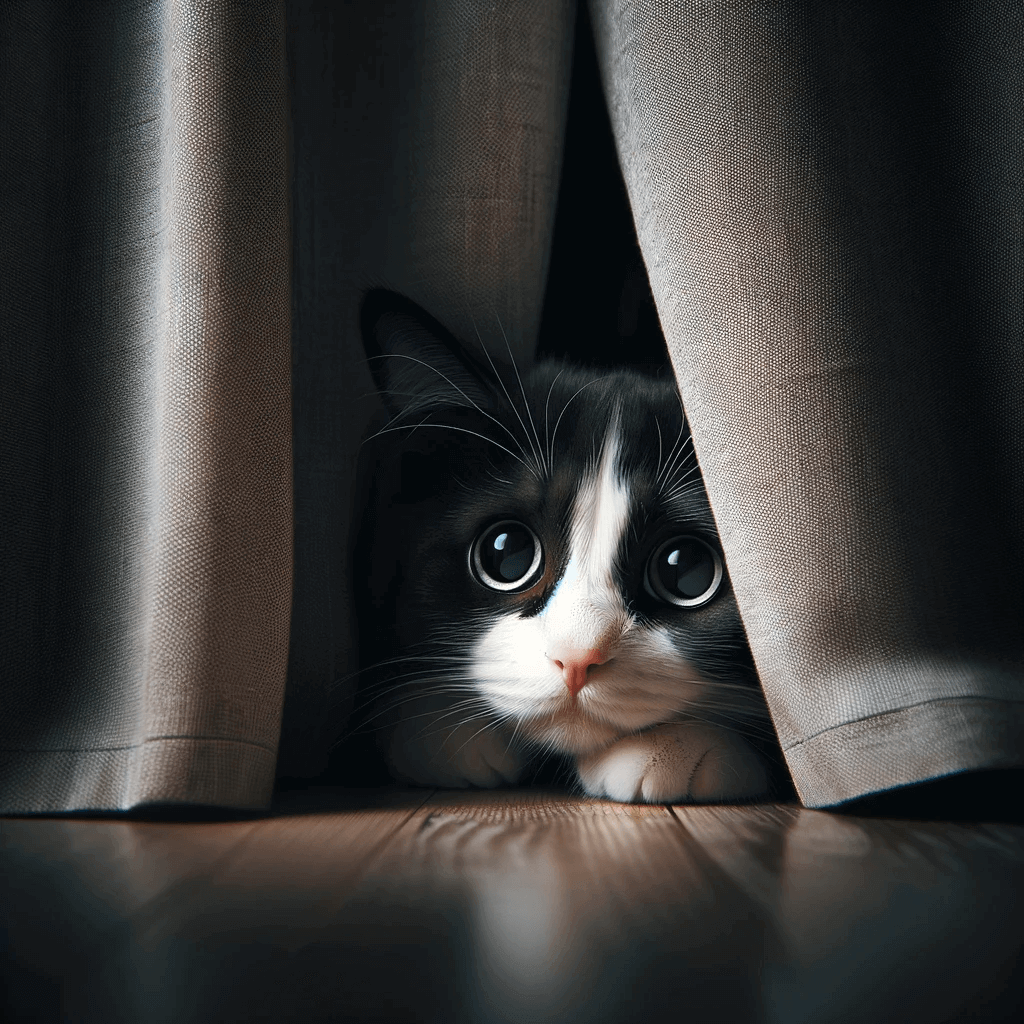 חתול שחור לבן מתחבא מאחורי ווילון