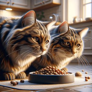 שני חתולים ביתיים אוכלים מקערה אחת