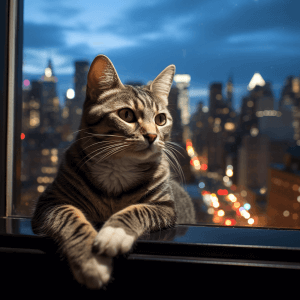 חתול אמריקני מקורזל נשען על החלון