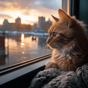 חתול ג'ינג'י מסתכל מבעד לחלון