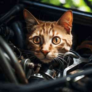 חתול ג'ינג'י מציץ מהמנוע