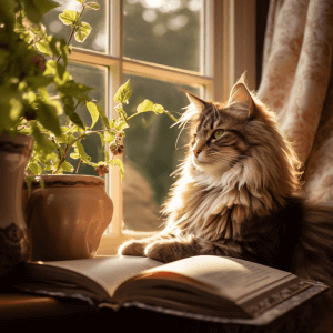 חתול מיין קון שוכב על עדן החלון