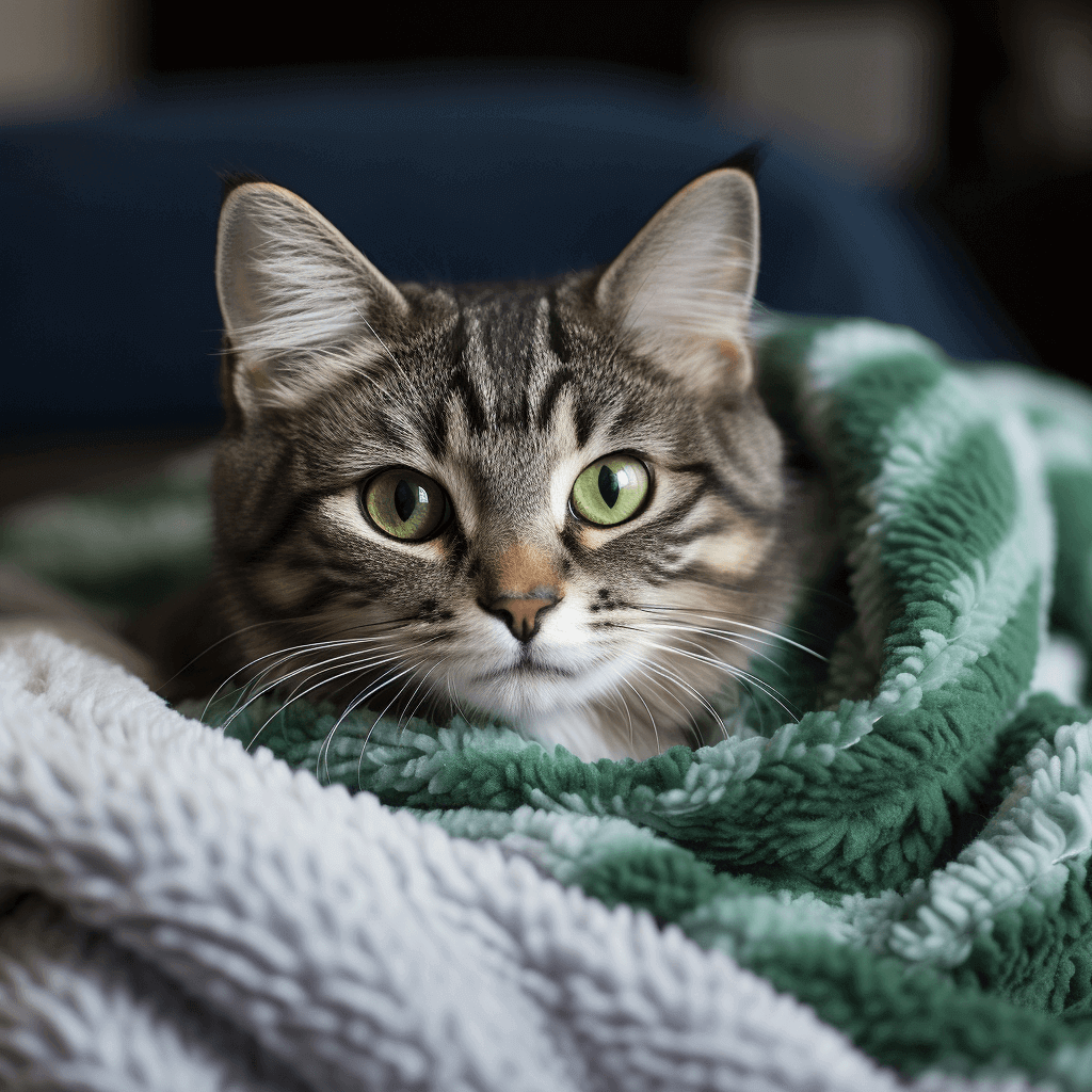 חתול עם עיניים ירוקות בשמיכה