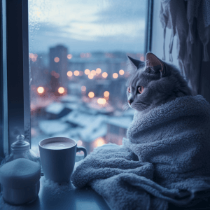 חתול רוסי כחול עטוף בשמיכה בחורף