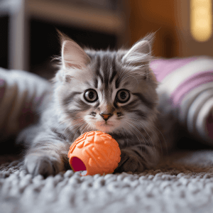 חתלתול אפור משחק בכדור