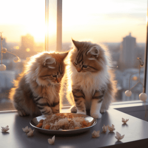 שני חתלתולים חולקים אוכל