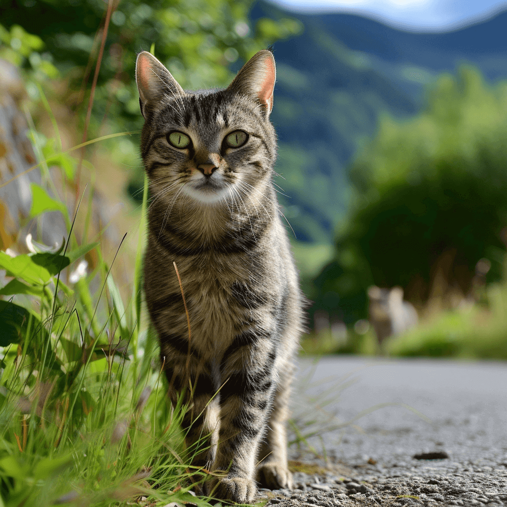 חתול בטבע ירוק והרים מסביב
