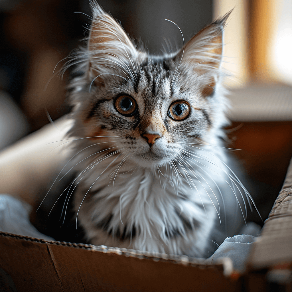 חתול יושב בתוך ארגז במהלך מעבר דירה