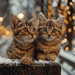 שני חתלתולי רחוב, שוכבים מחובקים ביחד, שלג בחוץ
