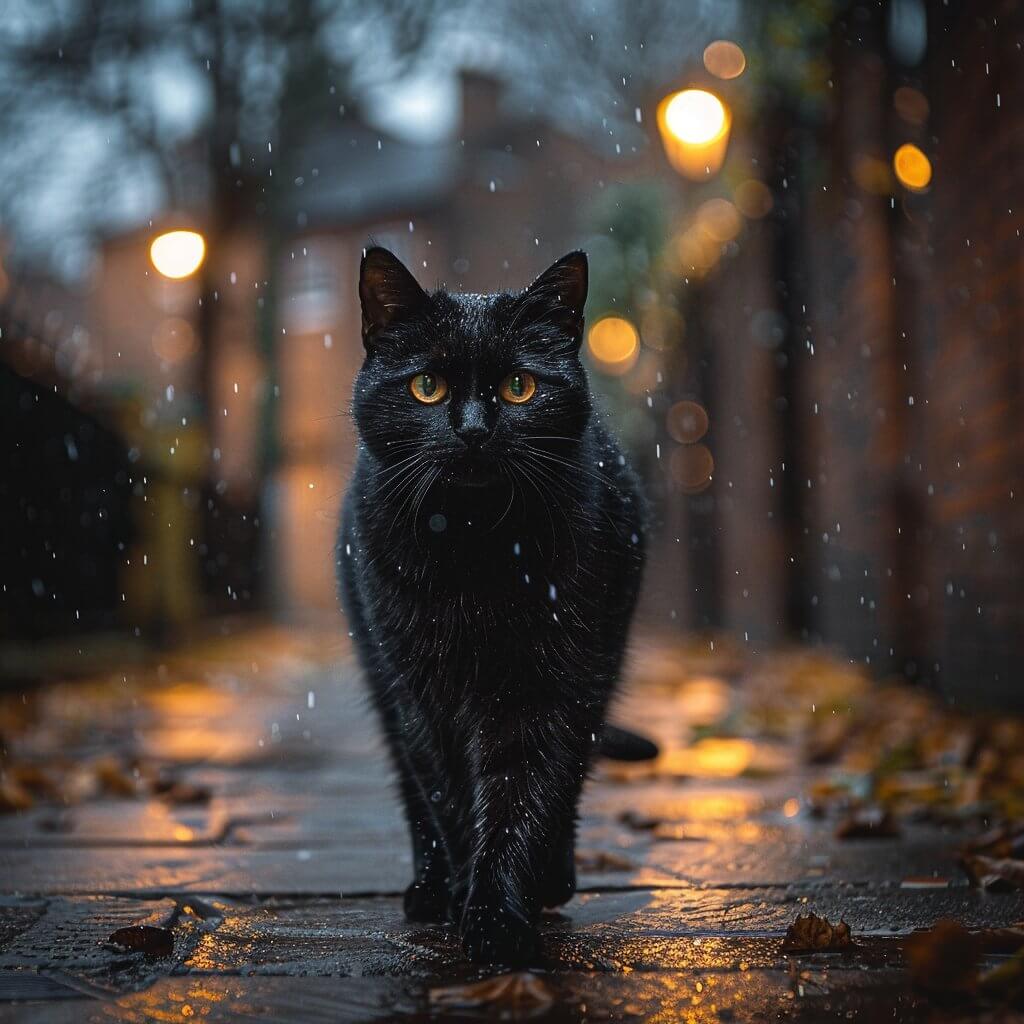 חתול רחוב שחור מטייל בגשם