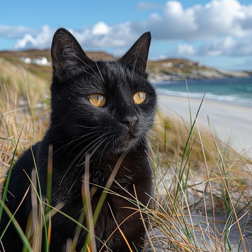 חתול שחור בטבע הררי עם ים