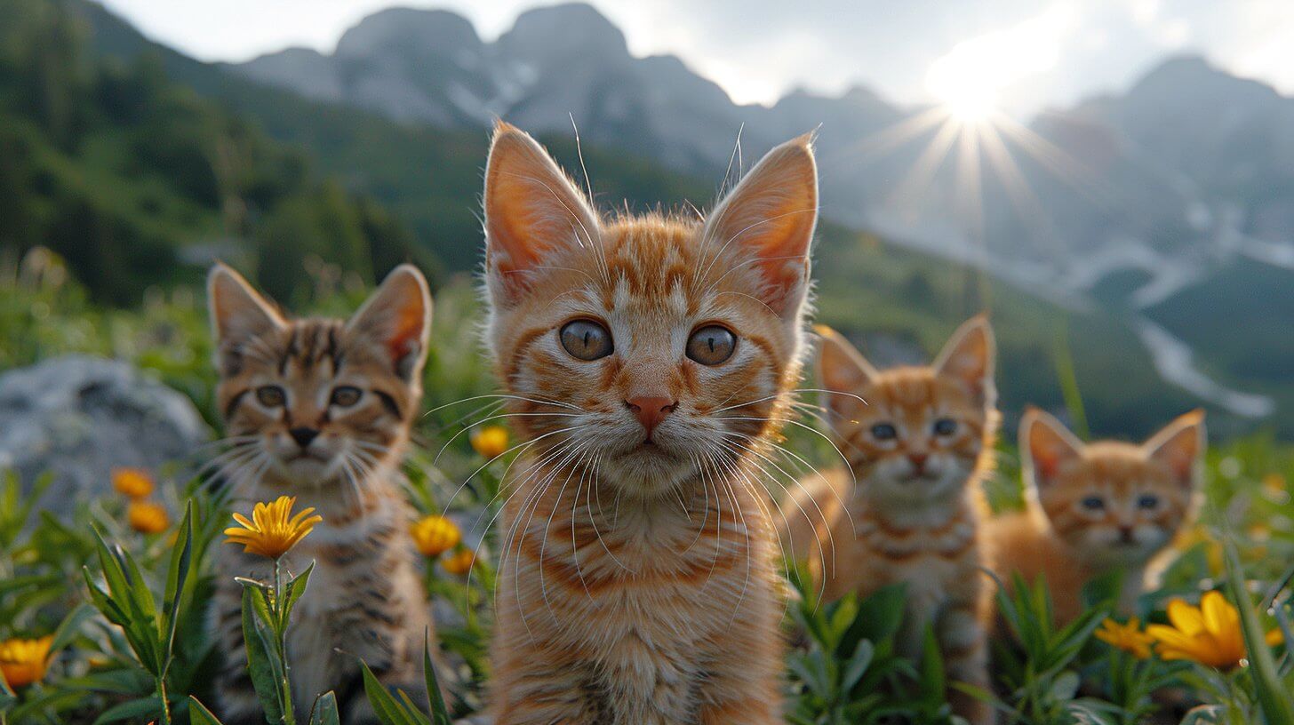 חתולים ג'ינג'ים וברקע הרים וגבעות
