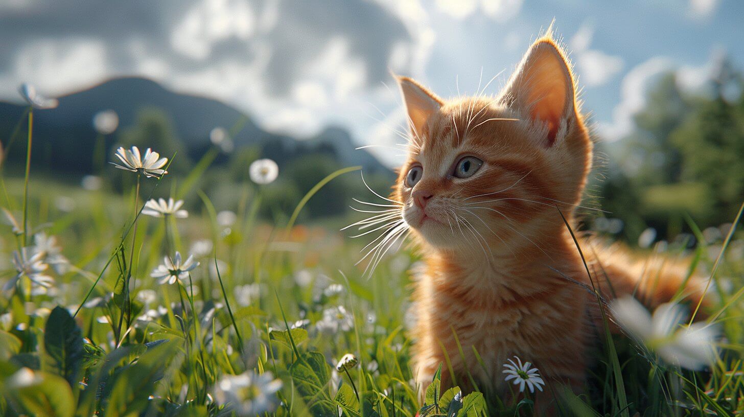 חתלתול ג'ינג'י שוכב על הדשא