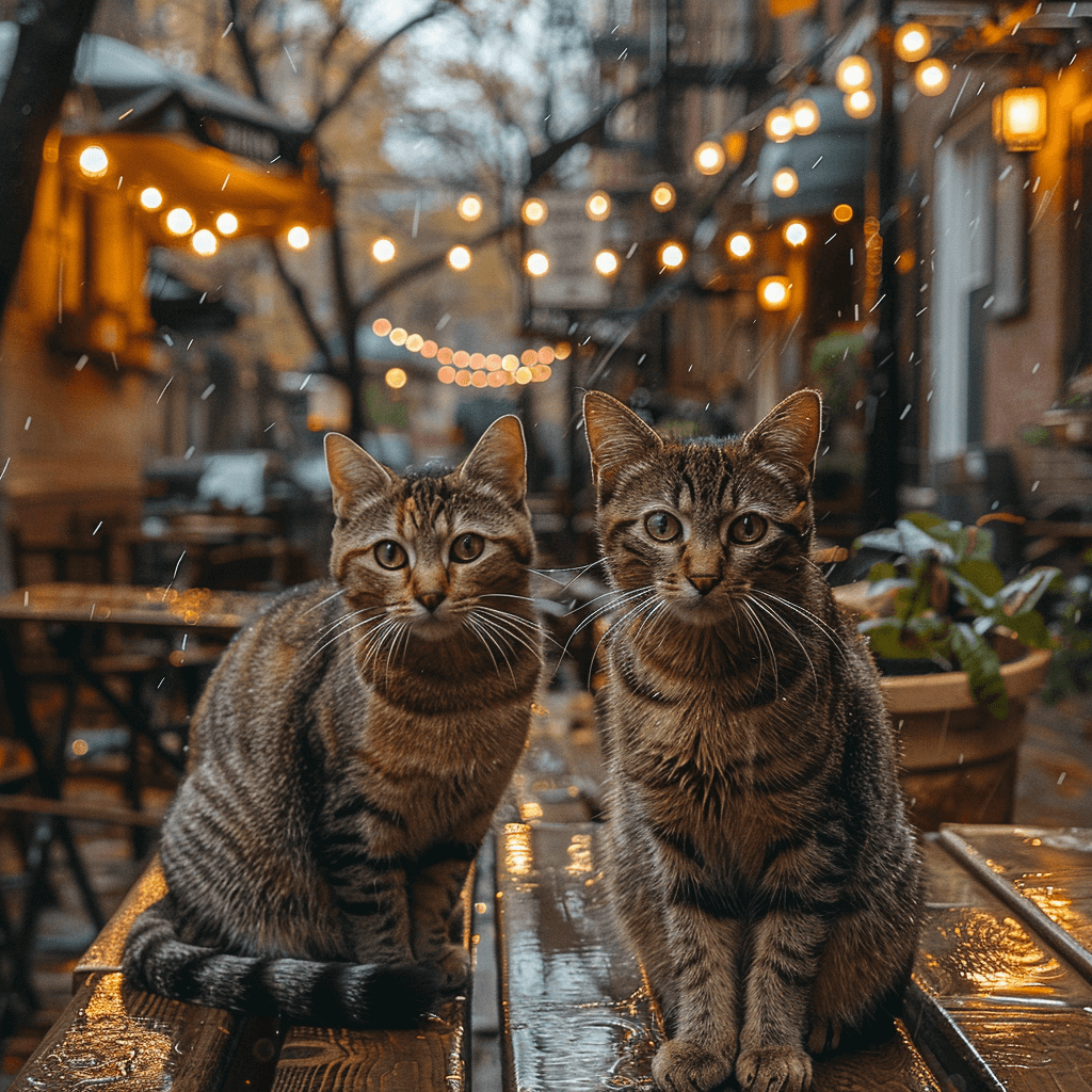 שני חתולי רחוב יושבים על ספסל לאחר שירד גשם