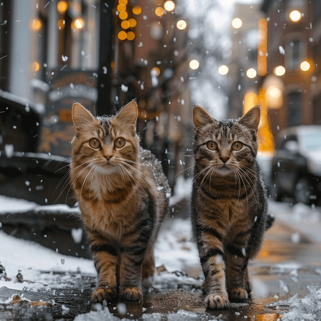 שני חתולי רחוב מסתובבים בחוץ ביום מושלג