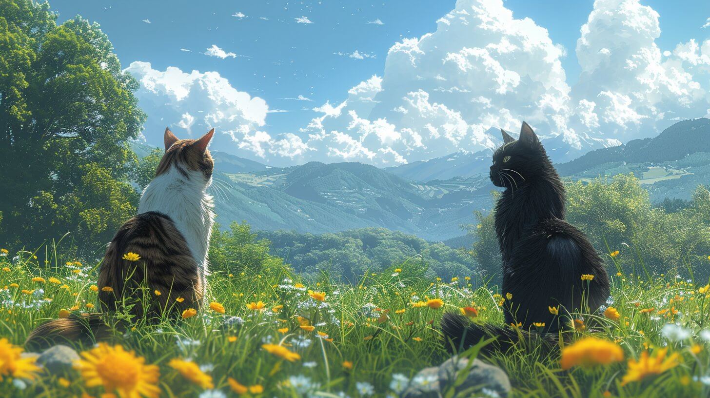 שני חתולים בוגרים יושבים על הדשא