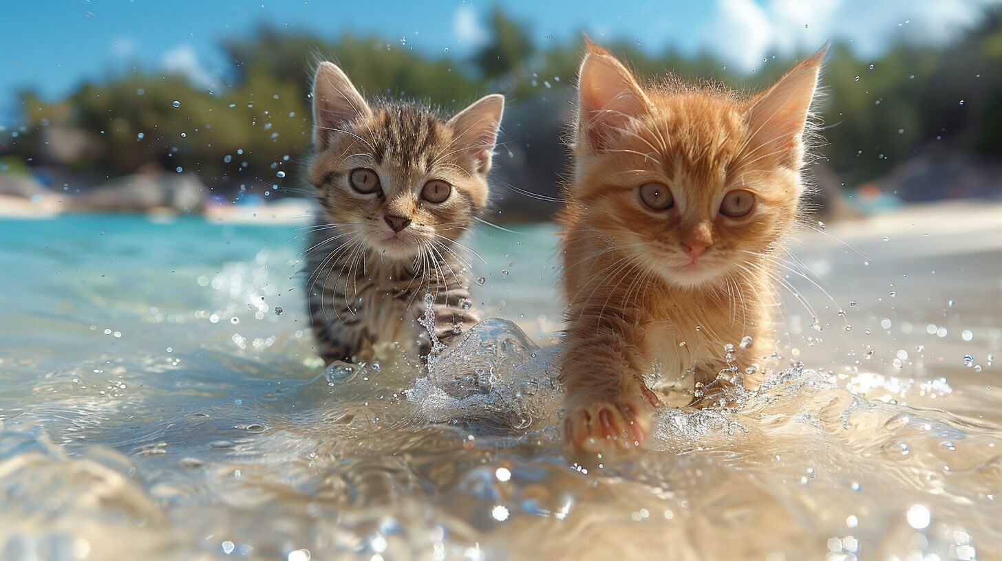 שני חתלתולים רצים על חוף הים
