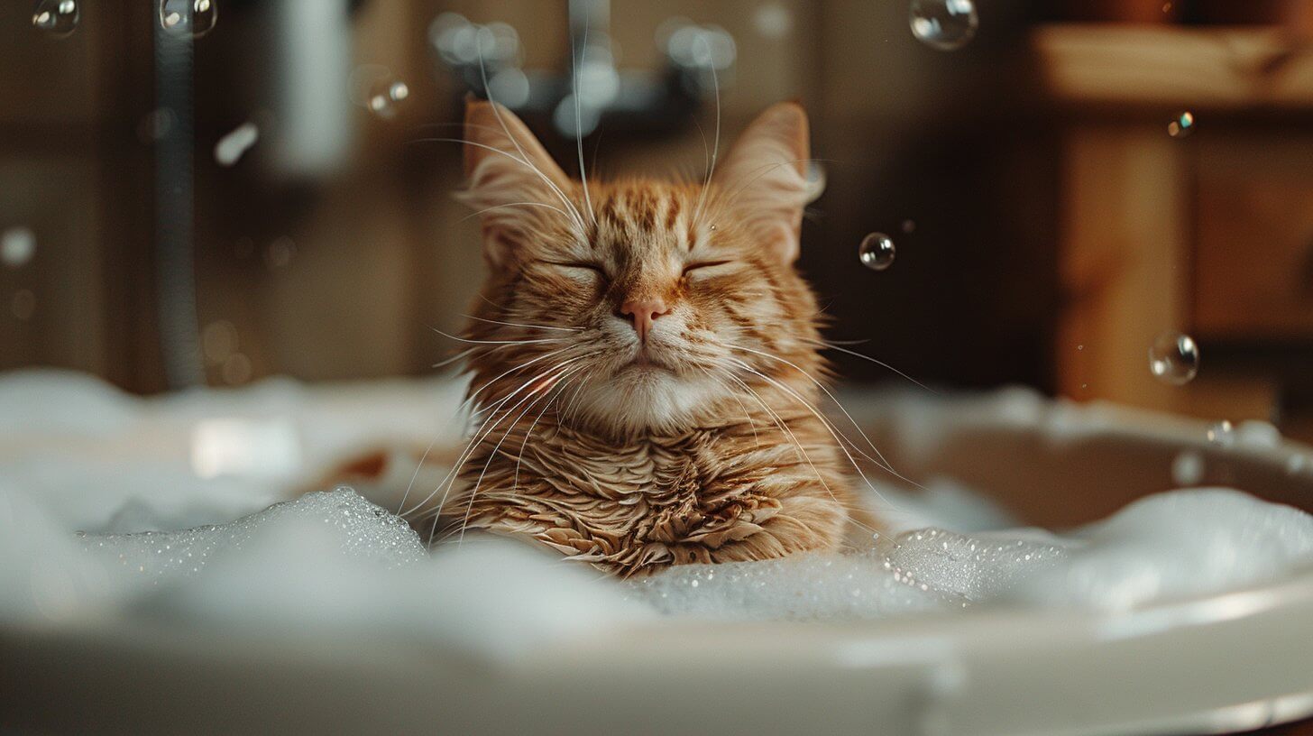 חתול ג'ינג'י באמבטיית קצף