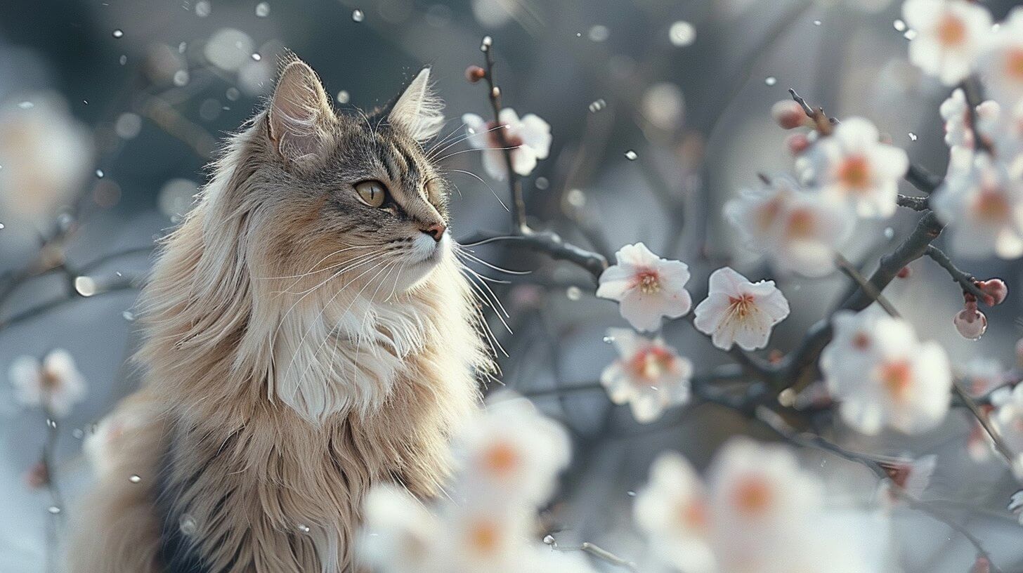 חתול יערות נורבגי ברקע פרחים לבנים