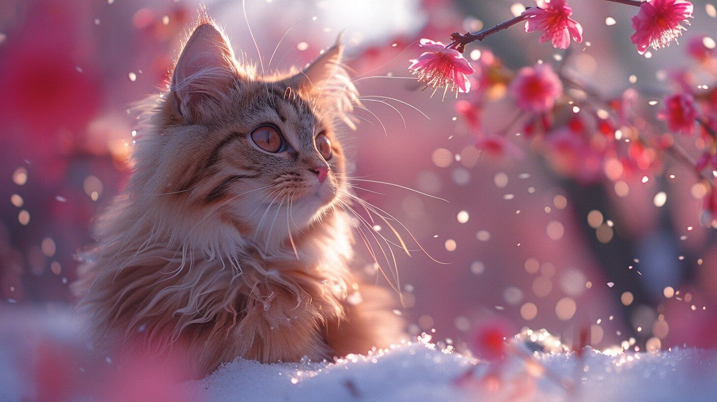 חתול יערות נורבגי בשלג וצמחים וורודים סביבו