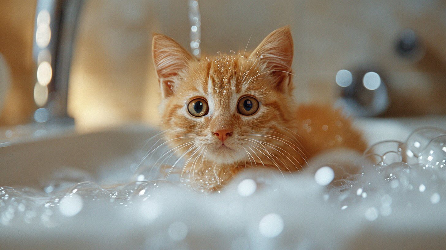חתלתול ג'ינג'י באמבטיית קצף