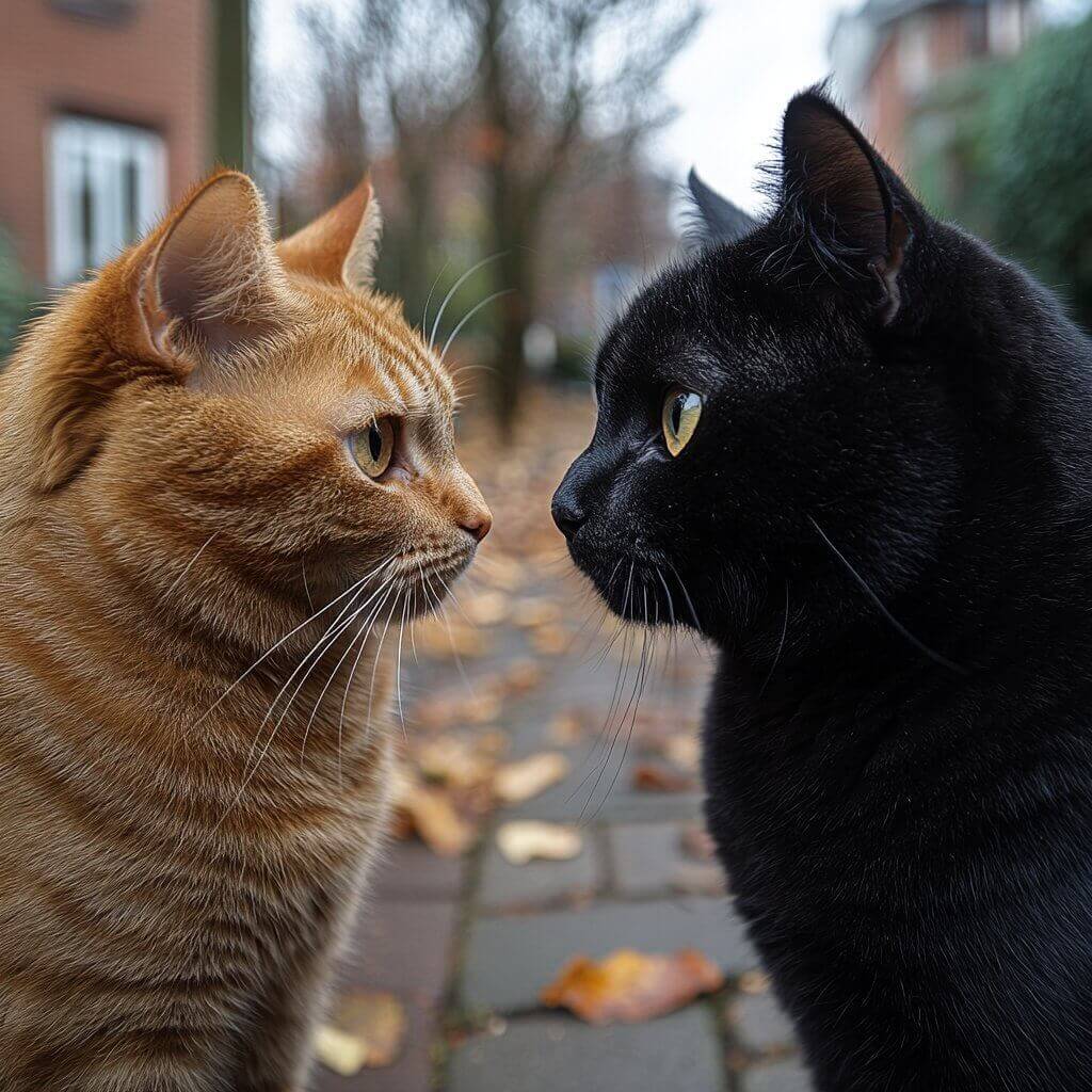 חתול ג'ינג'י וחתול שחור מתקשרים ברחוב