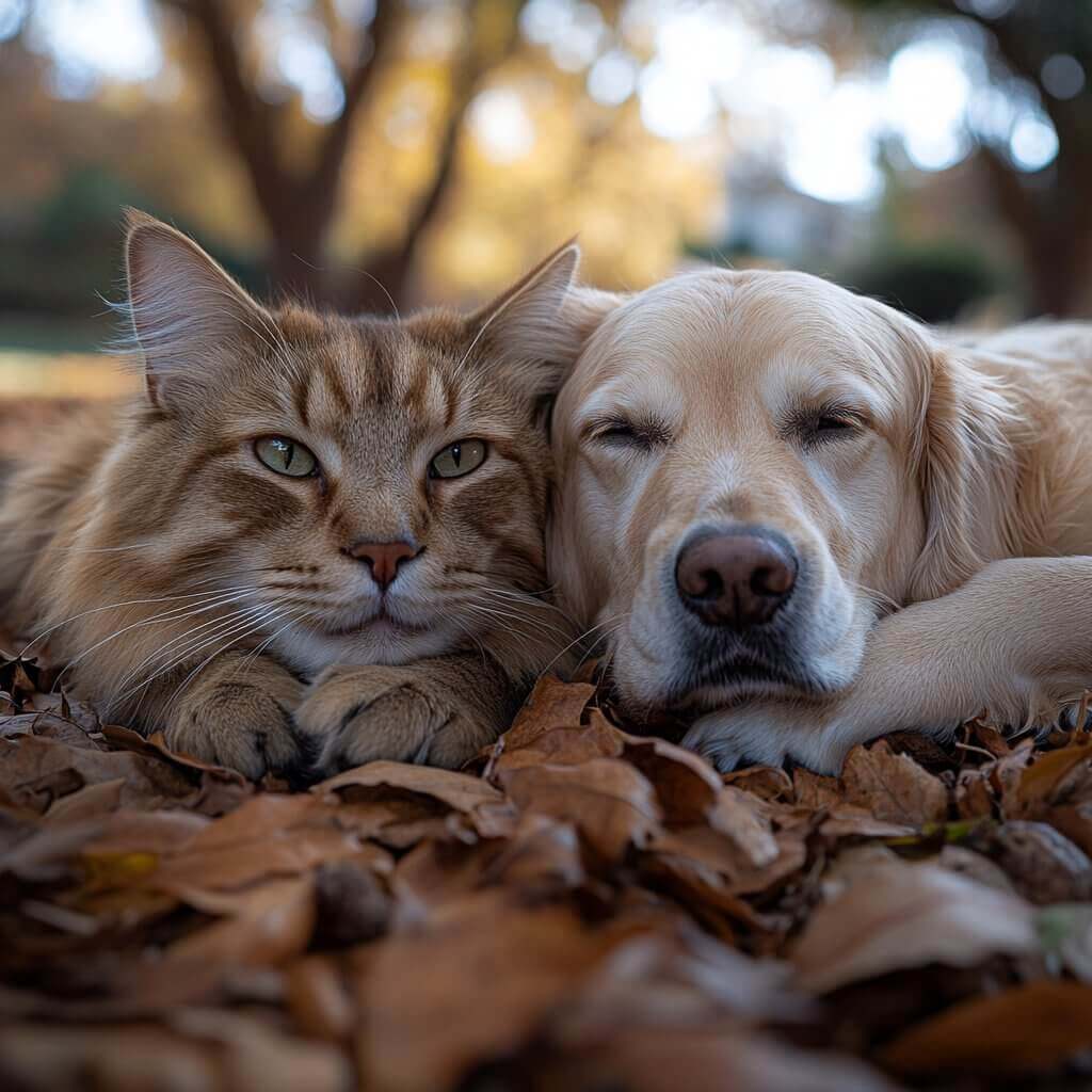 חתול וכלב ישנים בשלכת