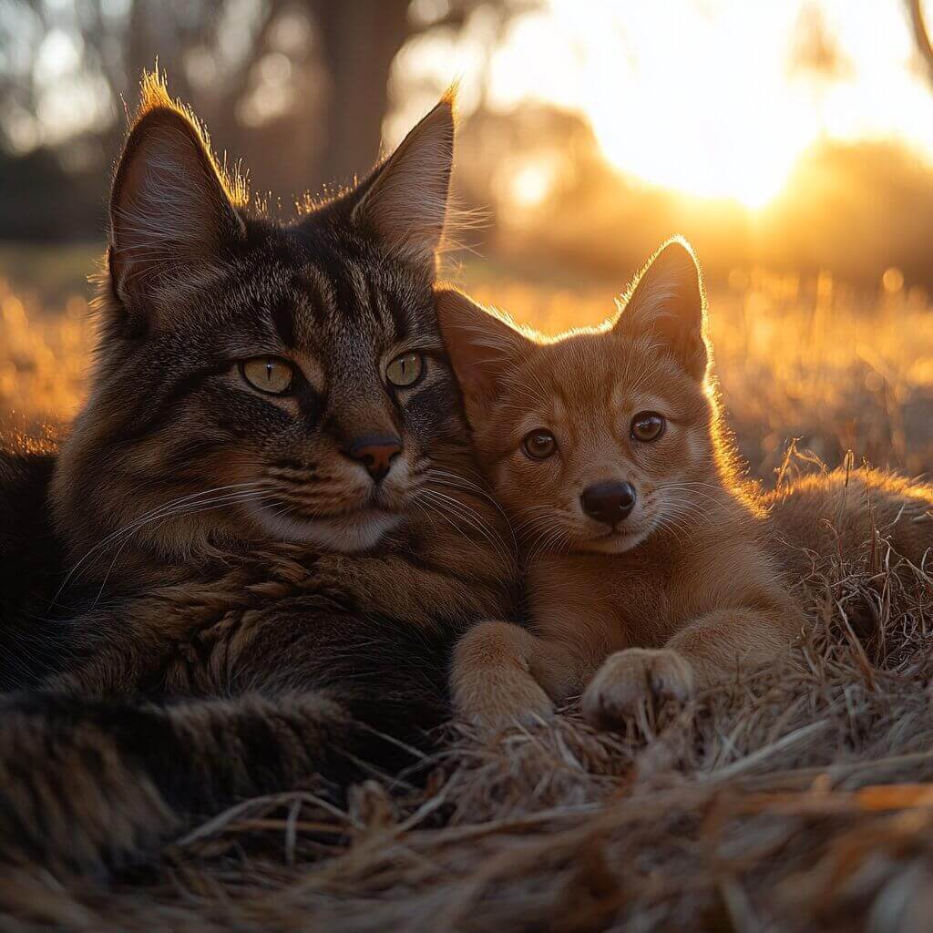 חתול מייקון וחברו הכלב נחים בשדה בשקיעה