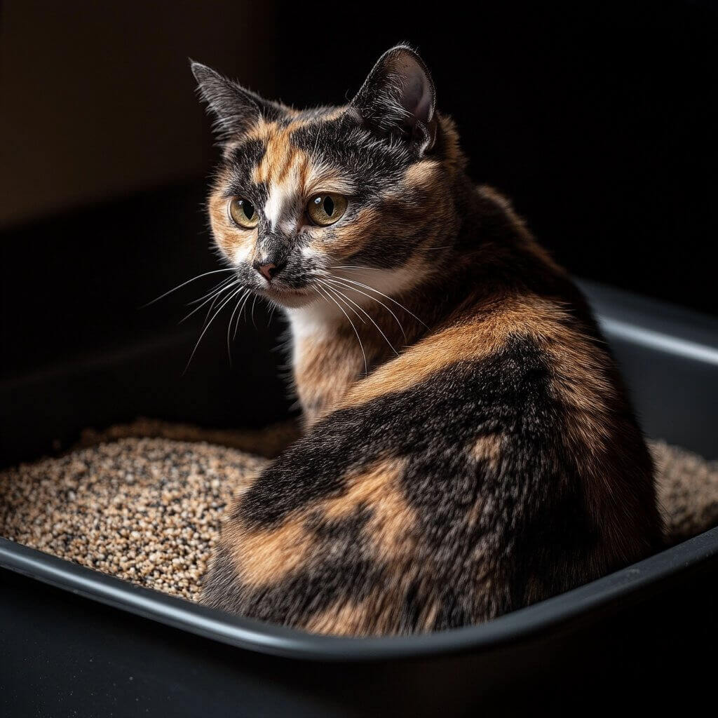 חתולה מכסה את צרכיה בארגז חול